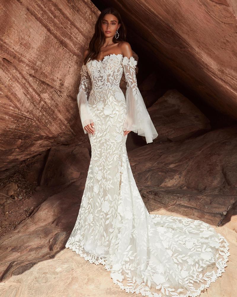 Lp2426 off the shoulder boho wedding dress with bell sleeves and sheath silhouette3